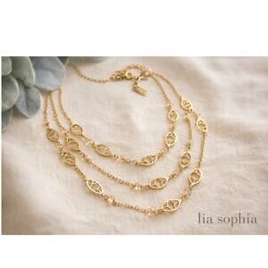Lia Sophia Layered Necklace Gold Tone Filigree Leaf Multi Strand Adjustable